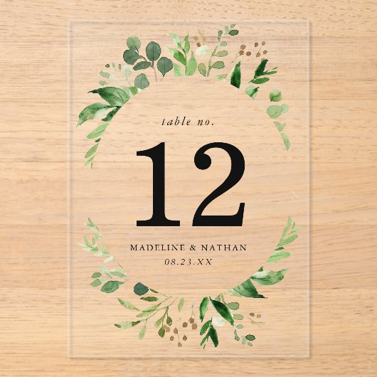 水彩緑のアクリル結婚製のテーブル番号 アクリル招待状 (正面)