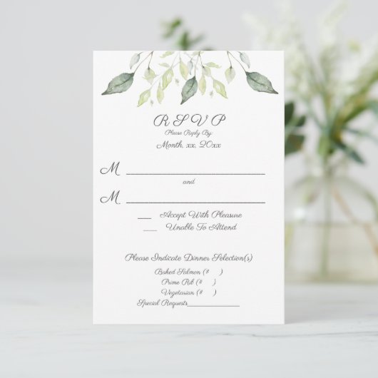 水彩緑のエレガ葉ントウェディング 出欠カード (スタンド正面)