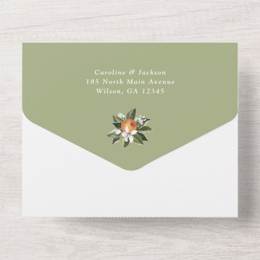 水彩緑のオレンジブロッサムモダン結婚ズ オールインワン招待状 (裏面)
