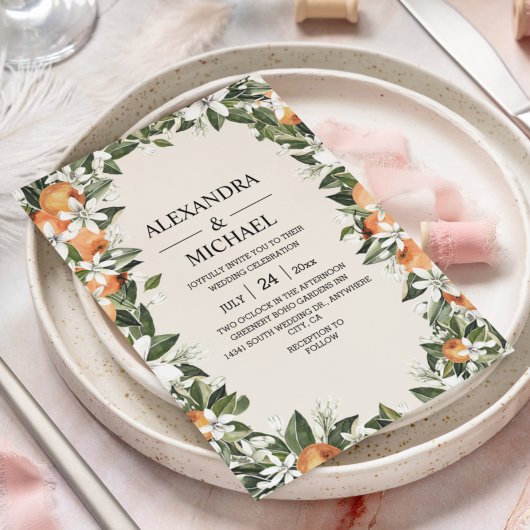 水彩緑のオレンジブロッサムモダン結婚ズ 招待状