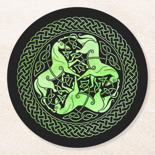 水彩緑のケルト結び目模様リングや輪と馬 ラウンドペーパーコースター (正面)