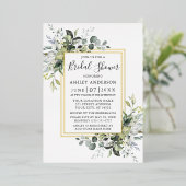 水彩緑のシャワーほこりっぽい青2フレーム金ゴールド 箔招待状 (立ち正面)