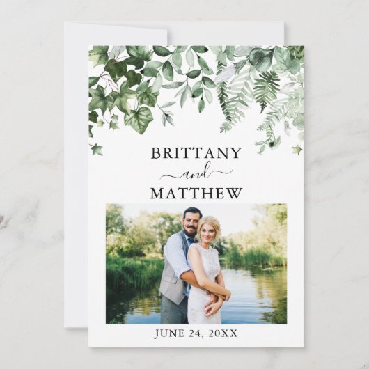 水彩緑のツタのシダのセージ緑の写真 セーブザデート (正面)