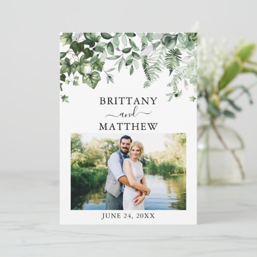 水彩緑のツタのシダのセージ緑の写真 セーブザデート (スタンド正面)