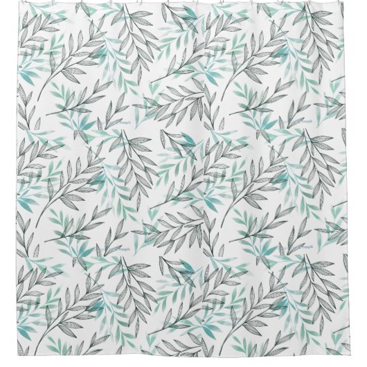 水彩緑のティール（緑がかった色）の葉の非表示の背景 シャワーカーテン (正面)