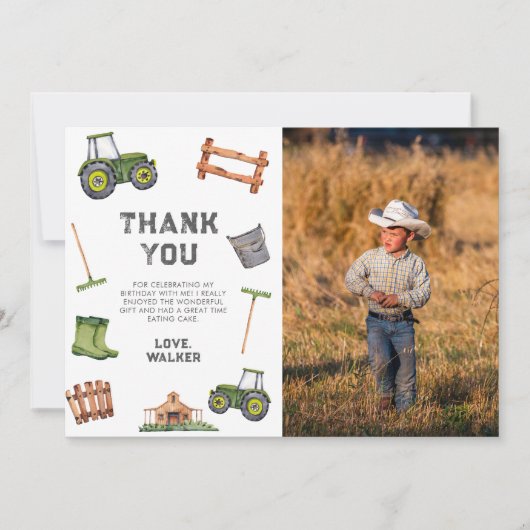 水彩緑のトラクターの写真 2歳の誕生日 サンキューカード (正面)