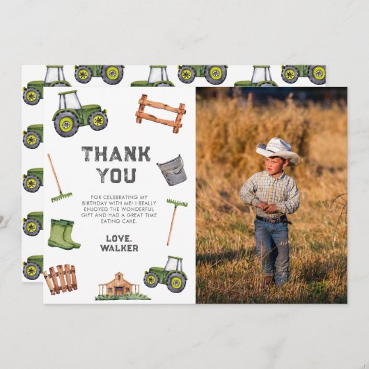 水彩緑のトラクターの写真 2歳の誕生日 サンキューカード (正面/裏面)