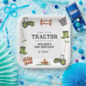 水彩緑のトラクターフォトボーイ誕生日 ペーパープレート (パーティー)