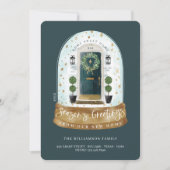 水彩緑のドア雪のグローブ新しいホームフォト シーズンカード (正面)