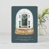 水彩緑のドア雪のグローブ新しいホームフォト シーズンカード (スタンド正面)