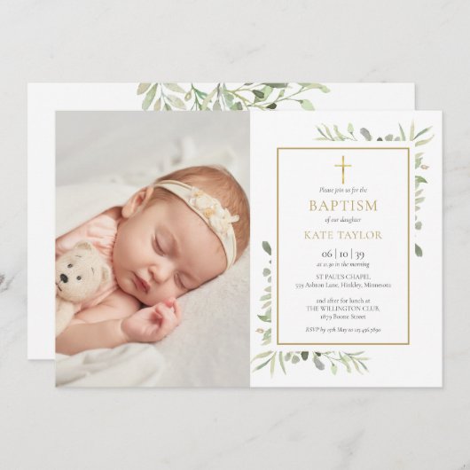 水彩緑のバプテスマ《キリスト教》洗礼式や命名式写真 招待状 (正面/裏面)