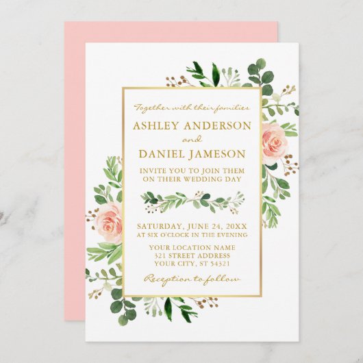水彩緑のバラピンク赤面結婚の金ゴールド 招待状 (正面/裏面)