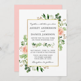 水彩緑のバラピンク赤面結婚ズ 招待状
