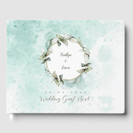 水彩緑のバラリース結婚ズ ゲストブック (正面)