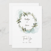 水彩緑のバラリース結婚ズ サンキューカード (正面/裏面)