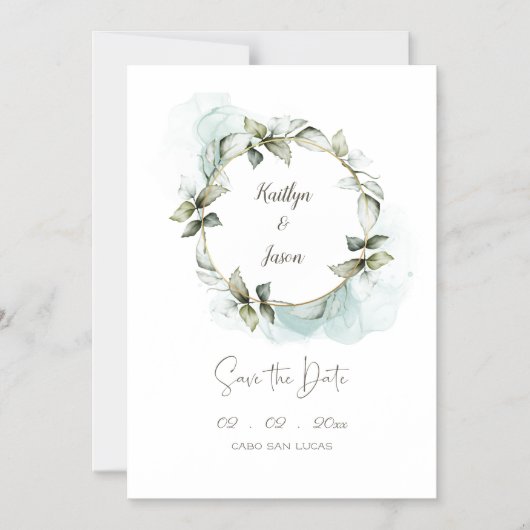 水彩緑のバラリース結婚ズ マグネット招待状 (正面)