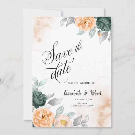 水彩緑のバラ保存日付 セーブザデート (正面)