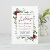 水彩緑のバラ結婚ズバーガンディ 招待状 (スタンド正面)