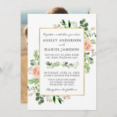 水彩緑のピンクのバラの写真バック結婚ズ 招待状 (正面/裏面)