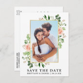 水彩緑のピンクのバラの日付を保存 ポストカード (正面/裏面)