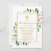 水彩緑のピンクのバラの最初のコミュニティ 招待状 (正面)