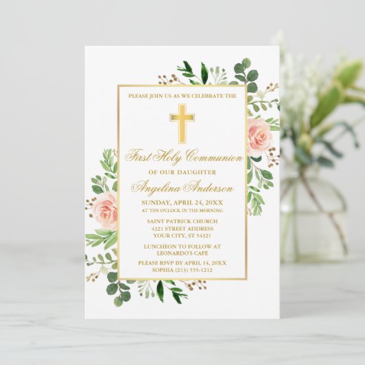 水彩緑のピンクのバラの最初のコミュニティ 招待状 (スタンド正面)