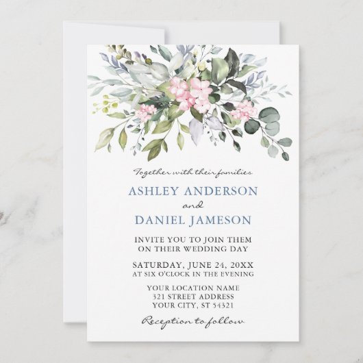 水彩緑のピンクの埃の多いブルー結婚ズ 招待状 (正面)