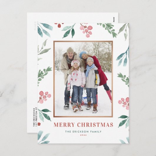水彩緑のフレーム写真メリークリスマス シーズンポストカード (正面/裏面)