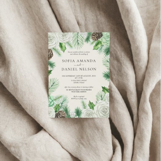 水彩緑のフローラ冬の結婚式 招待状