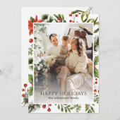 水彩緑のフローラ家族の写真クリスマス シーズンカード (正面/裏面)
