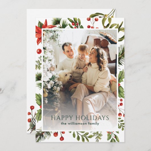 水彩緑のフローラ家族の写真クリスマス シーズンカード (正面/裏面)