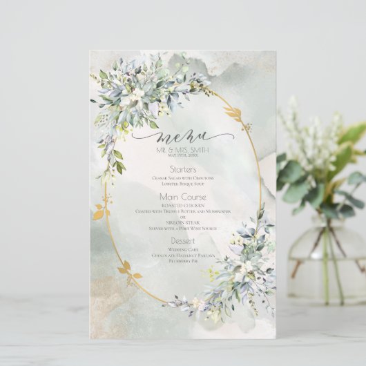 水彩緑のフローラ金ゴールドフレーム結婚のメニュー (スタンド正面)