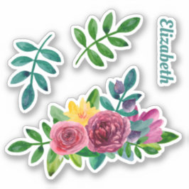 水彩緑のフローラ。花と葉 シール