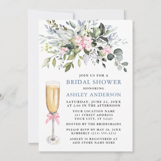 水彩緑のブライダルシャワーほこりっぽいブルーピンク 招待状 (正面)