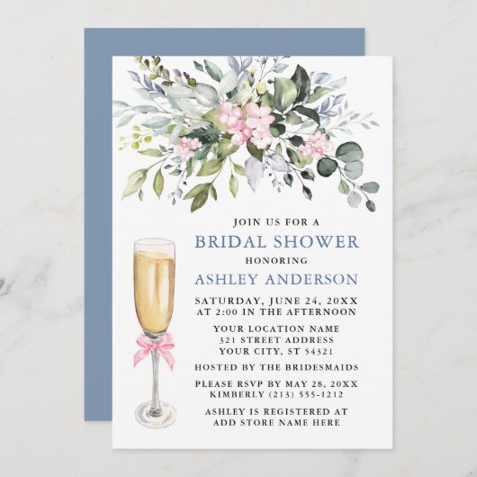 水彩緑のブライダルシャワーほこりっぽいブルーピンク 招待状 (正面/裏面)