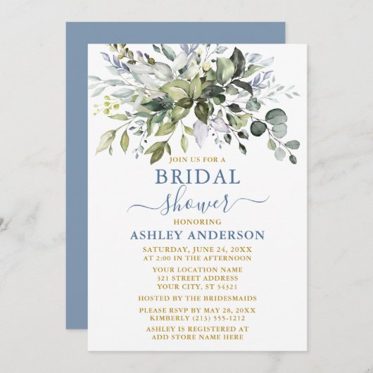 水彩緑のブライダルシャワー金ゴールドダスティブルー 招待状 (正面/裏面)