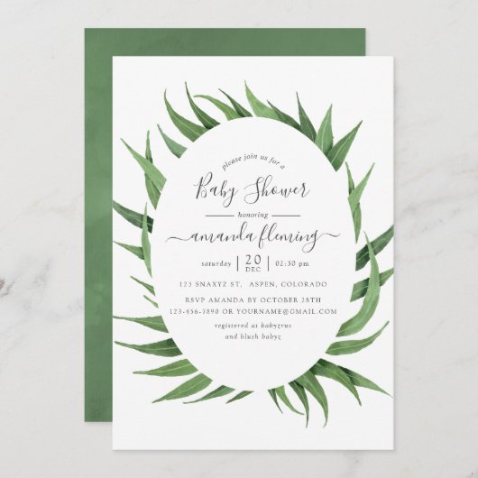 水彩緑のベビーシャワー 招待状 (正面/裏面)