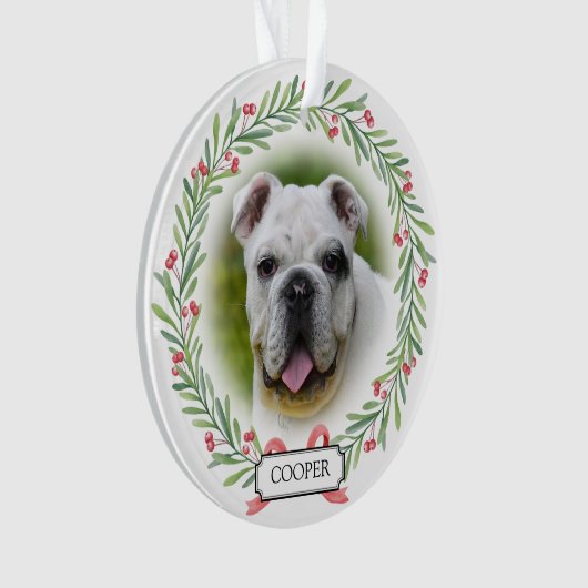 水彩緑のリースパーソナライズされたペット写真 オーナメント (正面)