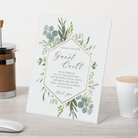 水彩緑の六角結婚のゲストキルト 台座サイン (インサイチュ)