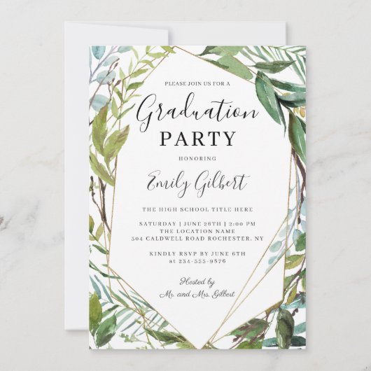 水彩緑の夏の卒業パーティー写真 招待状 (裏面)
