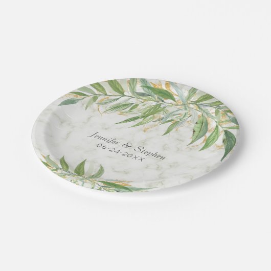 水彩緑の大理石エレガントな結婚式 ペーパープレート (アングル)