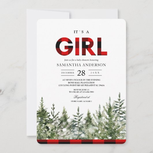 水彩緑の松と赤のバッファロープレイドイン 招待状 (正面)