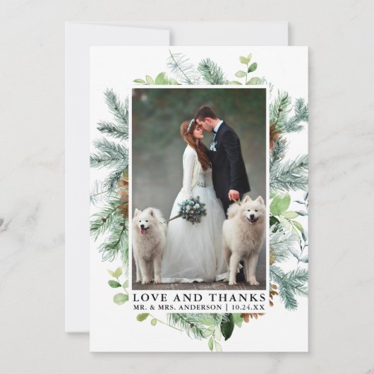 水彩緑の松の愛感謝していの結婚姿 サンキューカード (正面)