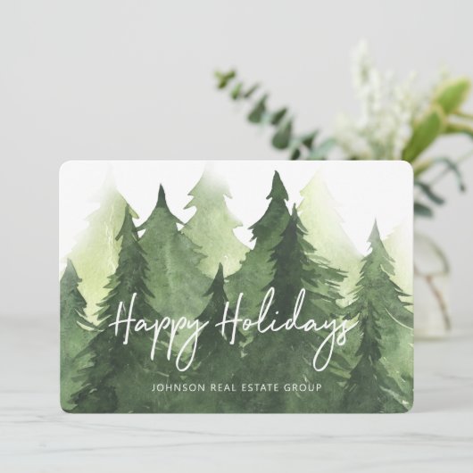 水彩緑の松の木がビジネスハッピー シーズンカード (スタンド正面)
