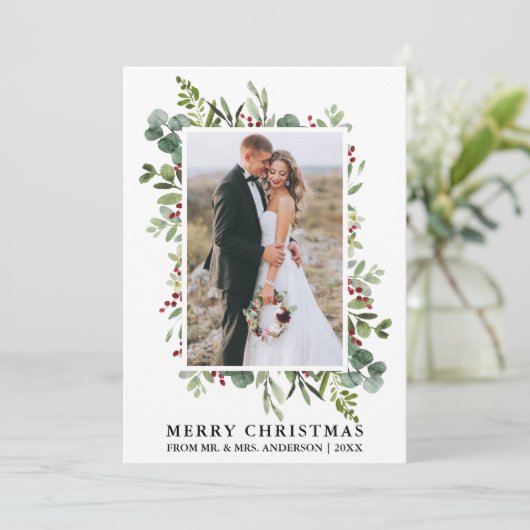水彩緑の果実の新婚クリスマス シーズンカード (スタンド正面)