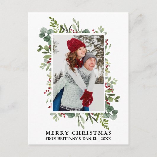 水彩緑の果実カップルのクリスマス ポストカード (正面)