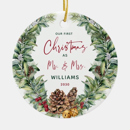 水彩緑の果実結婚の写真グリーン セラミックオーナメント (正面)