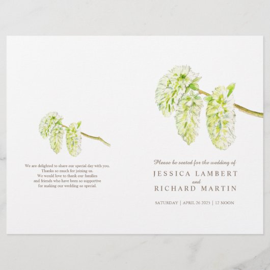 水彩緑の柳のカチキンウェディングプログラム (正面)