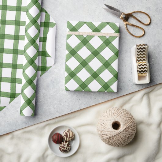 水彩緑の格子模様のクリスマス ラッピングペーパー (クラフト)