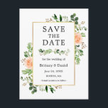 水彩緑の桃フローラセーブザデート ポストカード<br><div class="desc">水モダン色ユーカリプタス緑の桃フローラ金ゴールド枠日付婚約発表はがき</div>